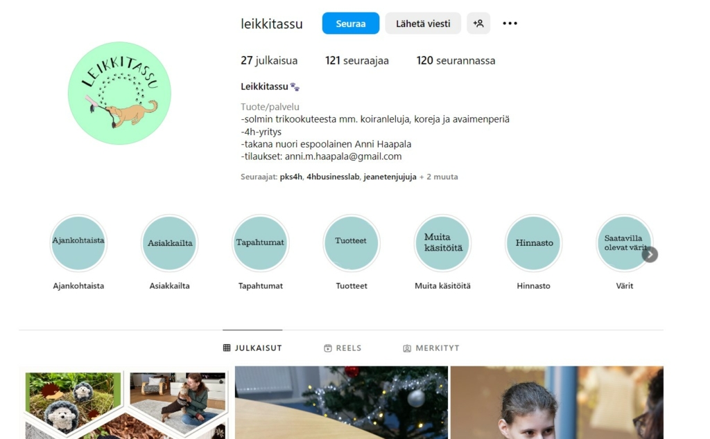 Kuvakaappaus Leikkitassu-nimisen yrityksen Instagram-tililtä.