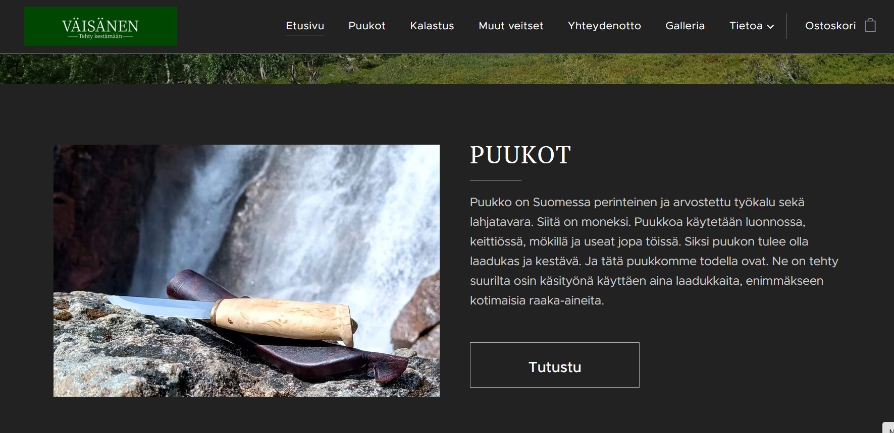 Vaisanenpuukot.fi -verkkosivujen alkunäkymä, jossa on kuva puukosta ja esittelyteksti.