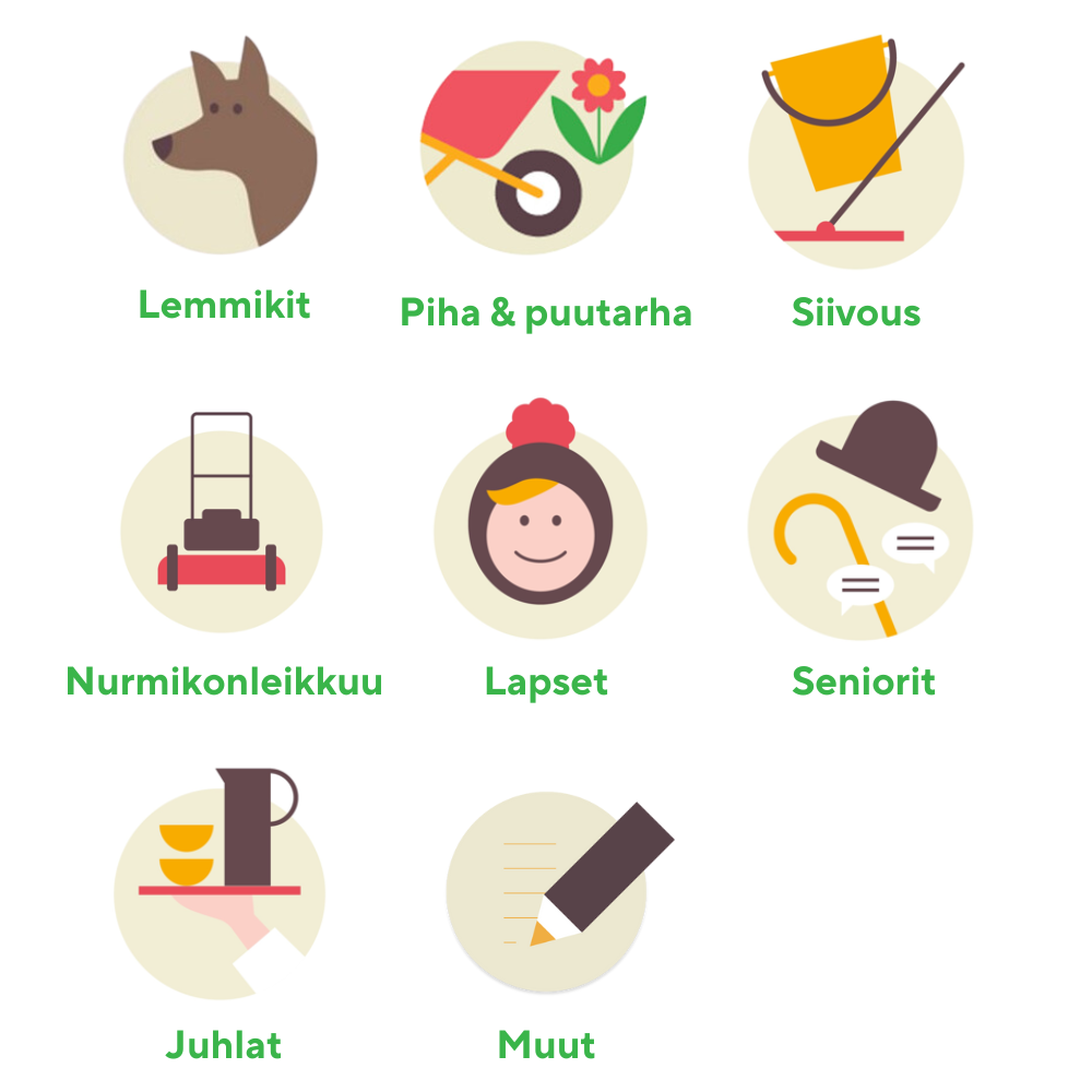 Helppi-palvelut: lemmikit, piha & puutarha, siivous, nurmikonleikkuu, lapset, seniorit, juhlat, muut